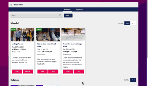 filtered events shown in vepple events platform